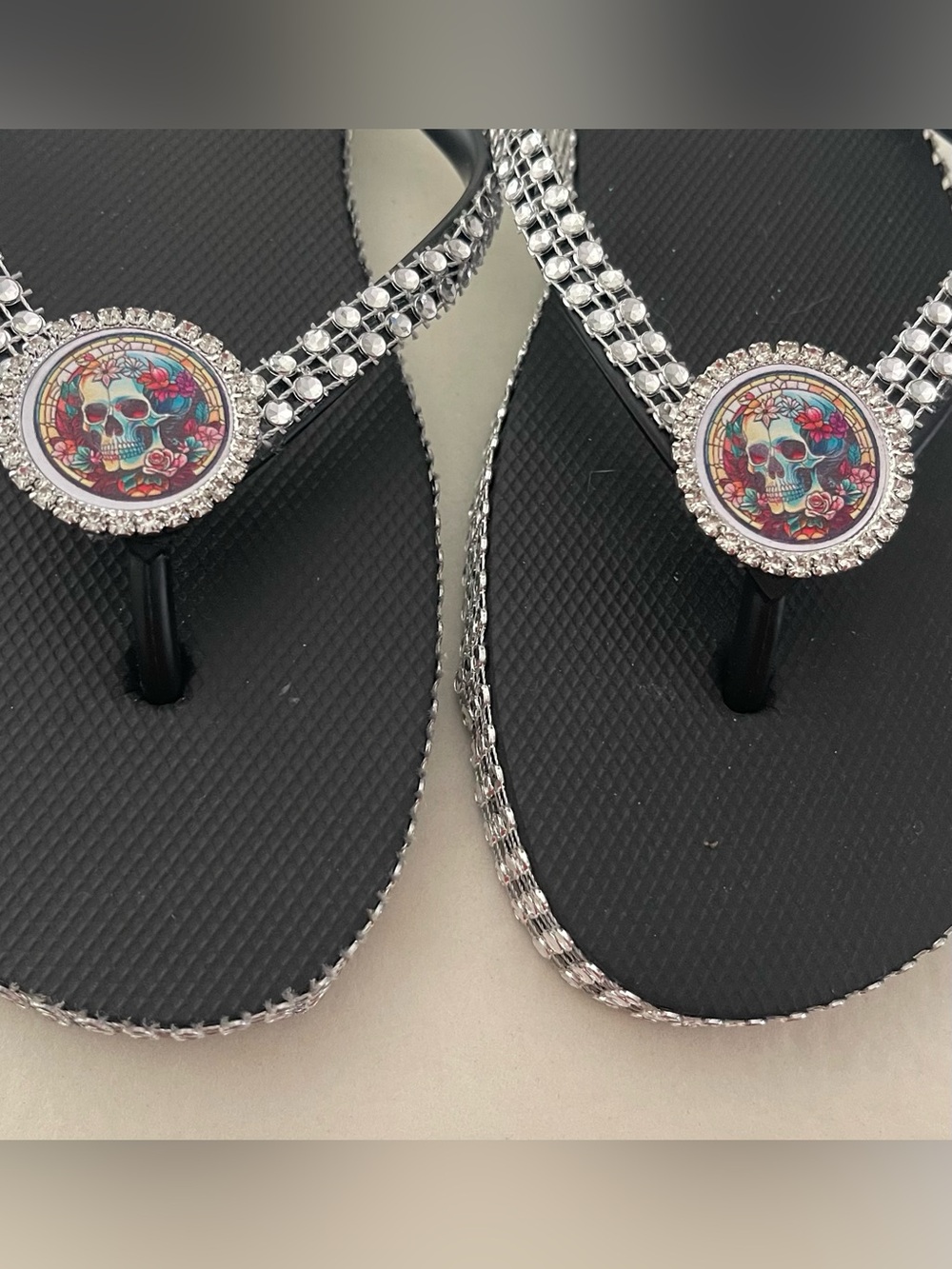 Women's Black Rhinestone Skull Flip Flop Sandals